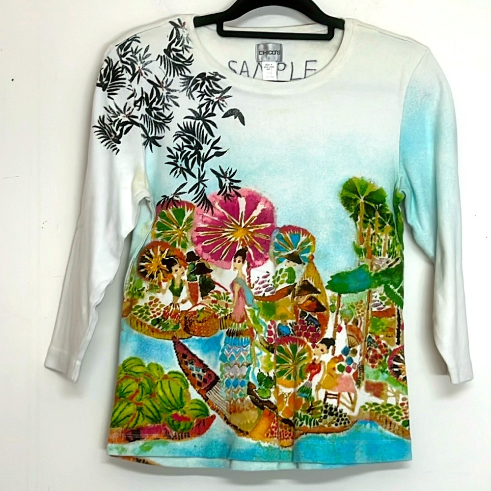 π Chicoβs colorful jewel neck 3/4 sleeve South Pacific island shirt women size M